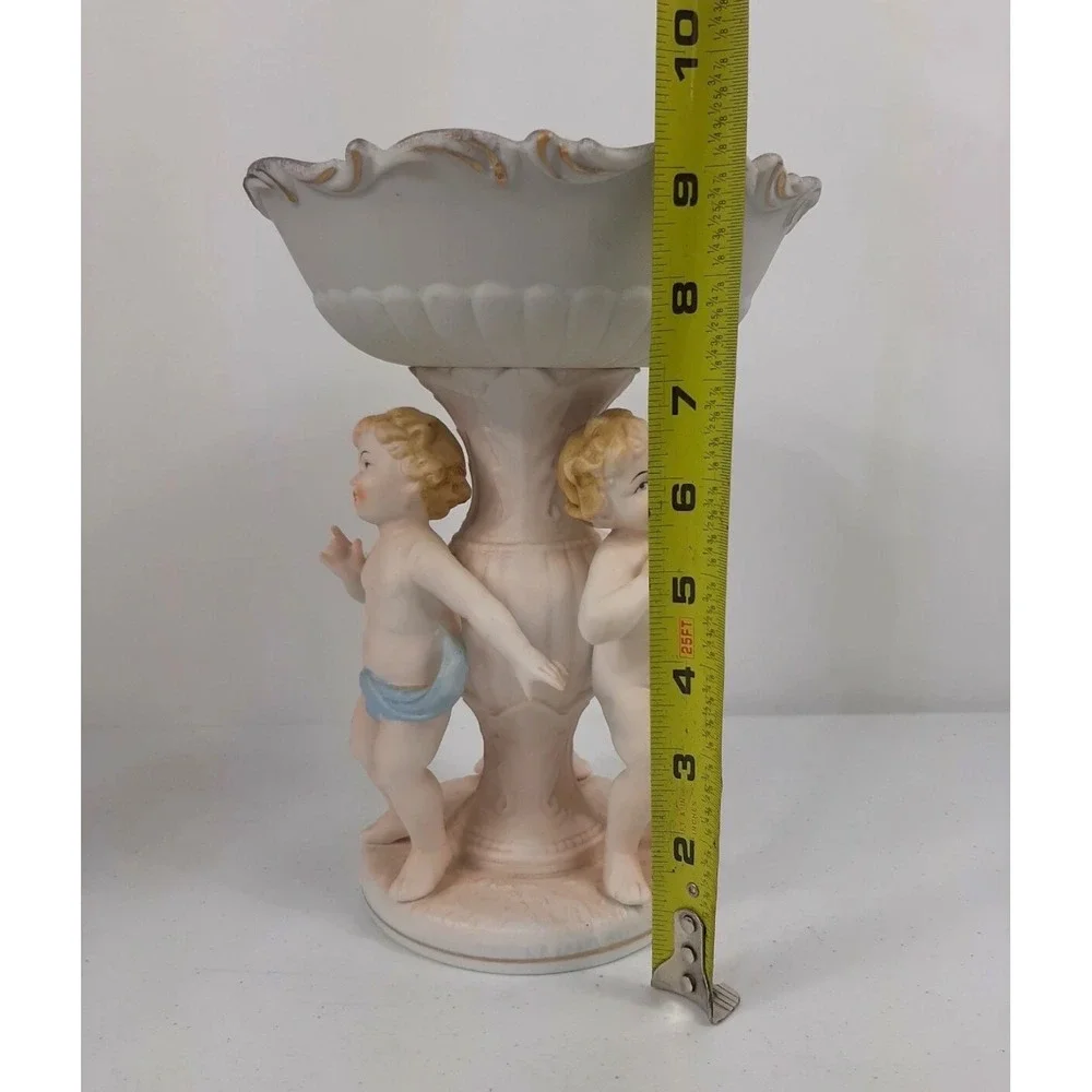 Vintage Porcelain Cherub Compote Bowl Gold‎ Gilt Putti Centerpiece Pedestal 9.5